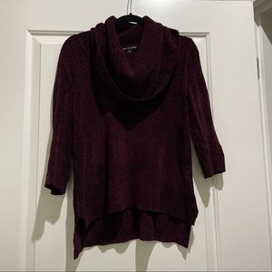 Purple cowl neck sweater with three quarter sleeve